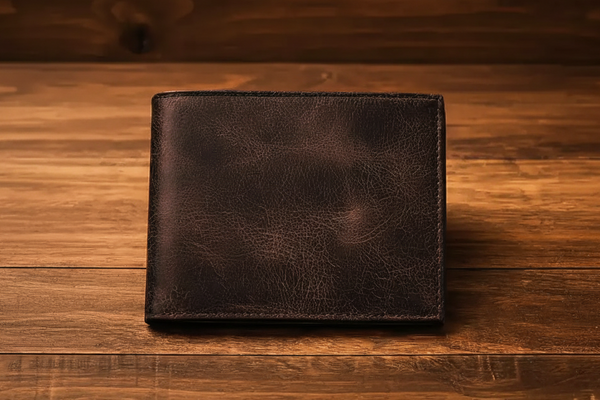 Dark brown leather wallet on rustic wooden surface