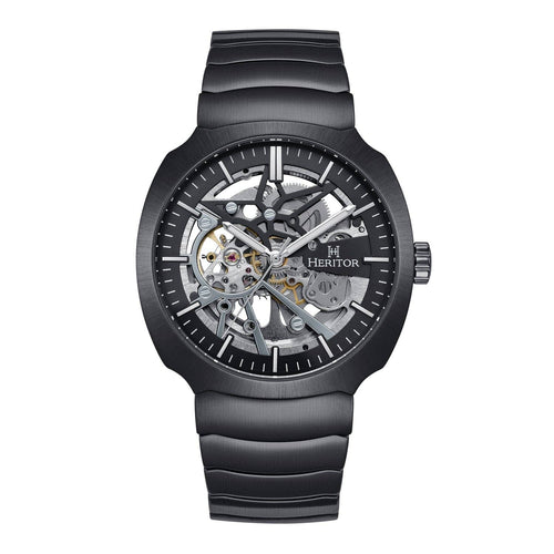 Black mechanical watch with visible brand name on a white background