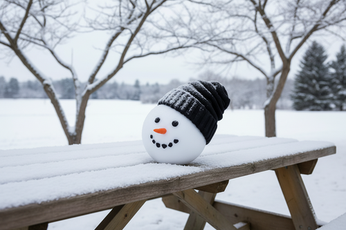 A white spherical snowman decoration wearing a black knit beanie, with a small orange carrot nose and black dot eyes and mouth, photographed on a light wood surface against a soft light gray background.