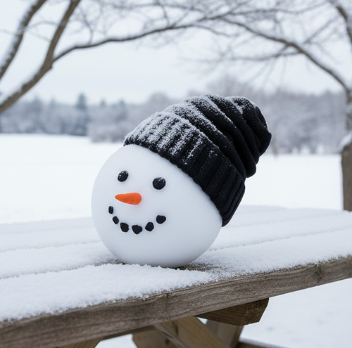 A snowman decoration with a black knit beanie sits on a snow-covered wooden bench in a snowy outdoor setting.