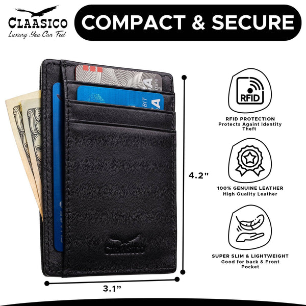 Black wallet with cards and money, featuring Claasico branding and product features.
