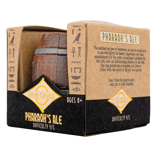 Box of Pharaoh's Ale with wooden barrel design on a white background