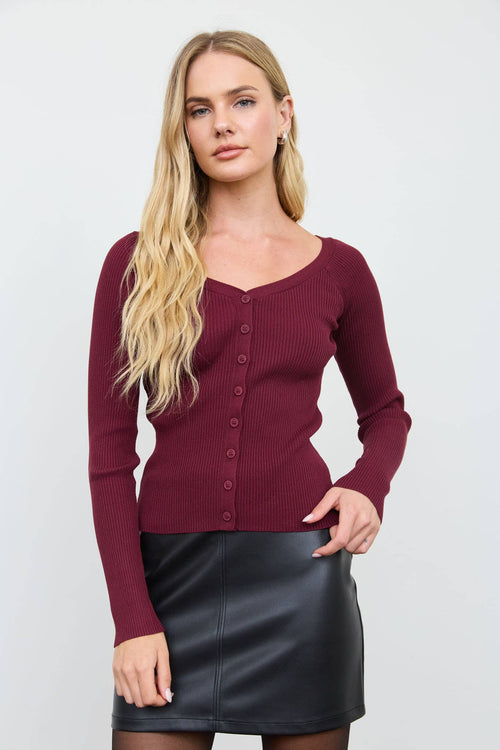 SCOOP NECK BUTTON FITTED RIBBED KNIT CARDIGAN