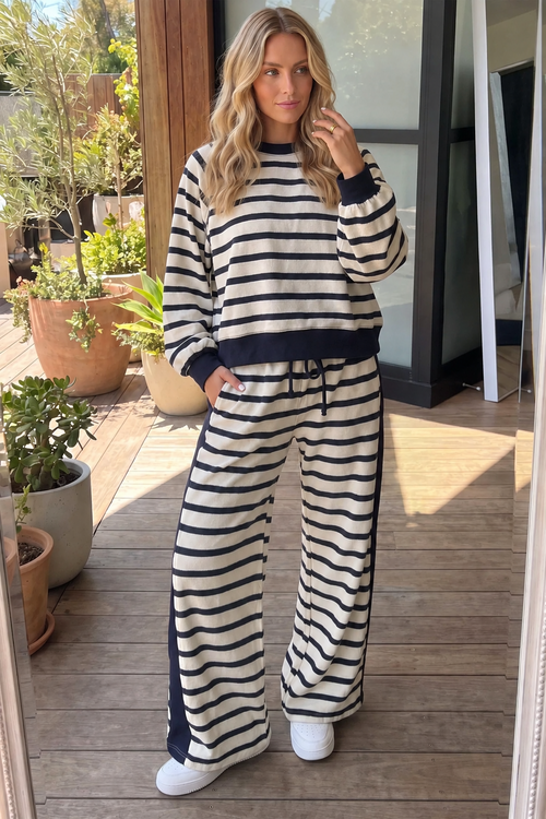 Beige Stripe Relaxed Long Sleeve Top Color Block Detail Drawstring Pants Set