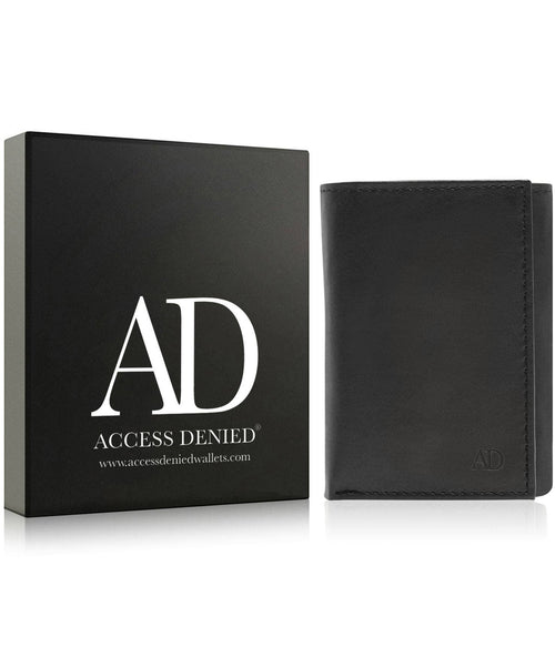 Black leather wallet with 'Access Denied' branding next to its packaging on a white background
