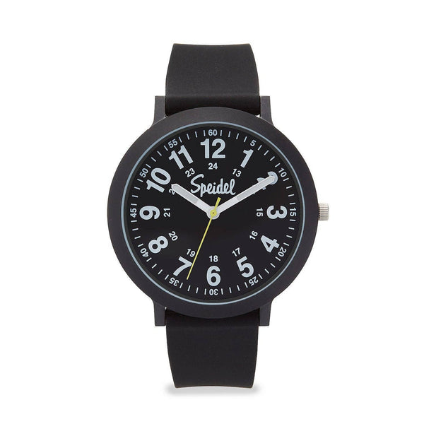 Black wristwatch with a white dial on a white background