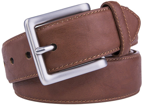 Brown leather belt with a silver buckle on a white background