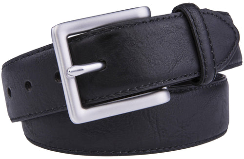Black leather belt with a silver buckle on a white background