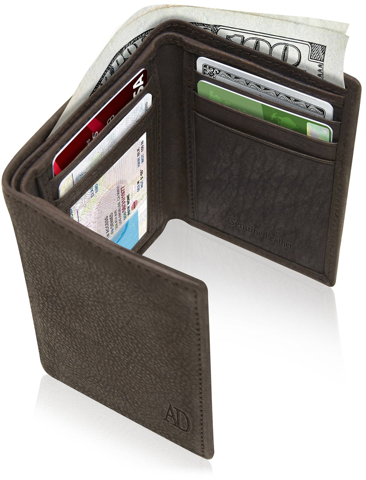 Brown leather wallet with various cards and money on a white background