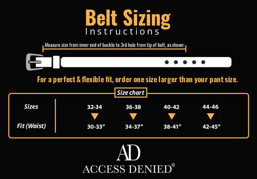 Belt sizing instructions with a size chart on a black background, featuring the brand 'Access Denied'.