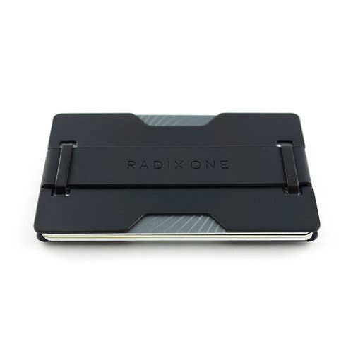 A black metal cardholder wallet with the brand name 'RADIXONE' embossed on the front, shown on a clean white background.
