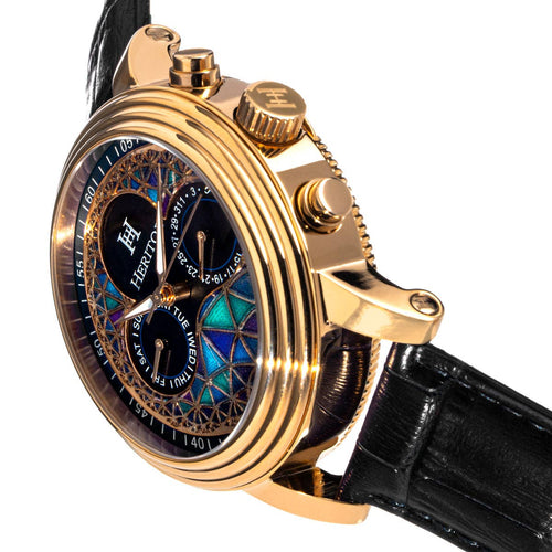 Luxury watch with gold case and black leather strap on a white background