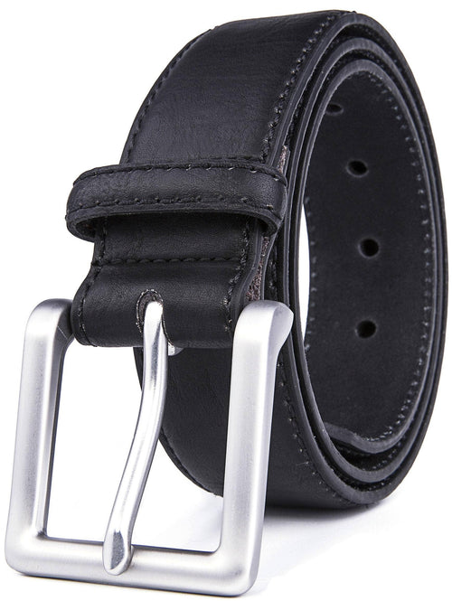 A black leather belt with a silver-tone metal buckle, shown coiled on a clean white background.