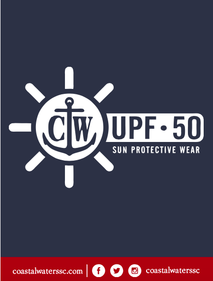 Logo of Coastal Waters Sun Protective Wear with UPF 50 on a dark blue background.