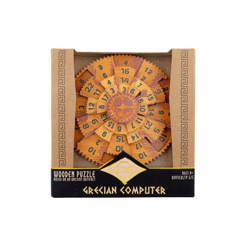Wooden puzzle in packaging labeled 'Grecian Computer' on a white background