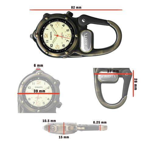 Measurement chart of a watch and carabiner with dimensions labeled.