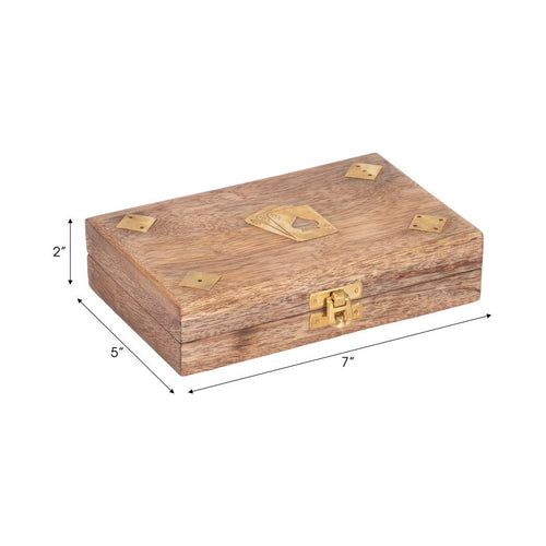 Box - Brown Wooden Rectangular Crafted Cards and Dice, 7 in.