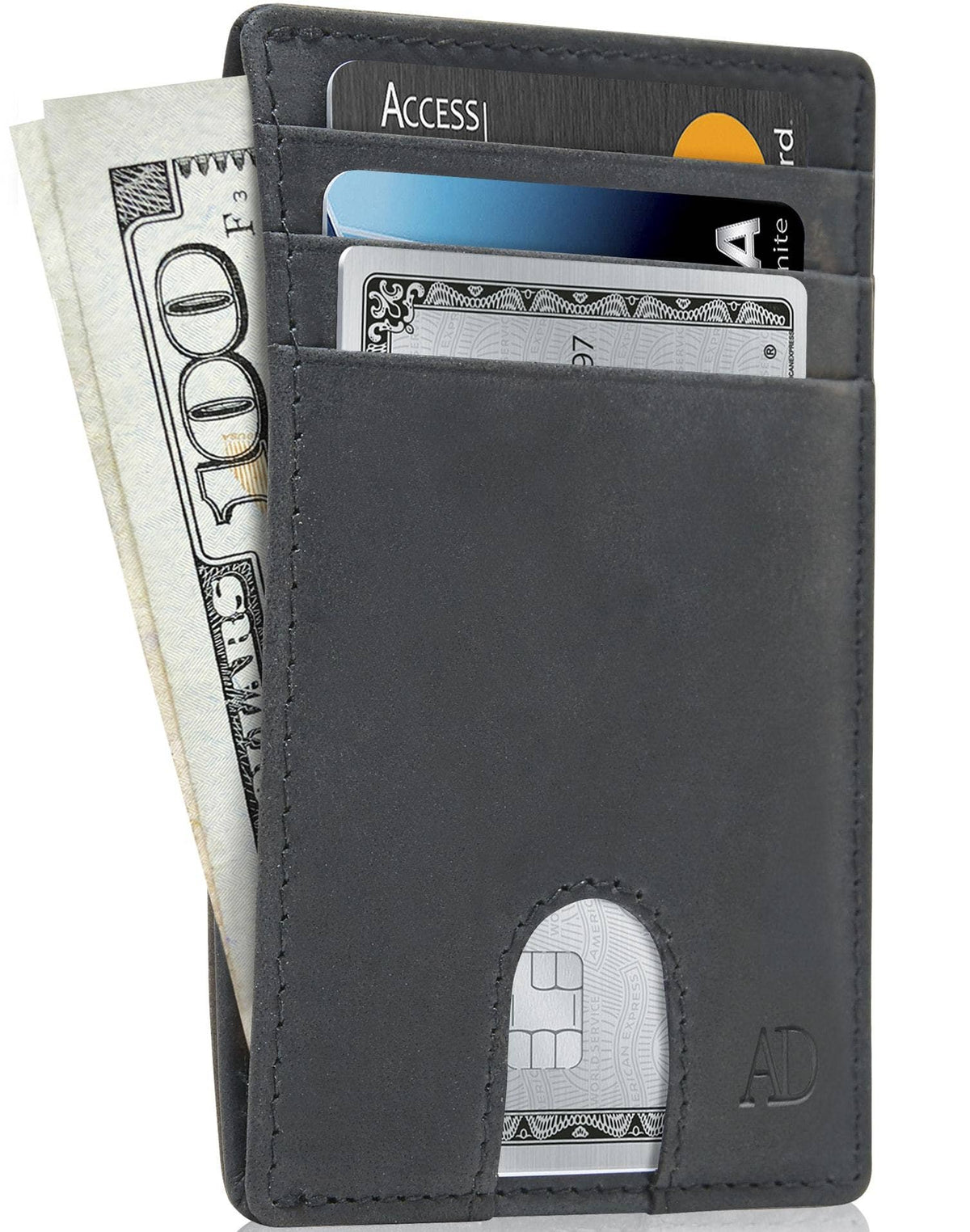 A slim black leather cardholder wallet shown open, filled with cash and sample credit cards, on a white background.