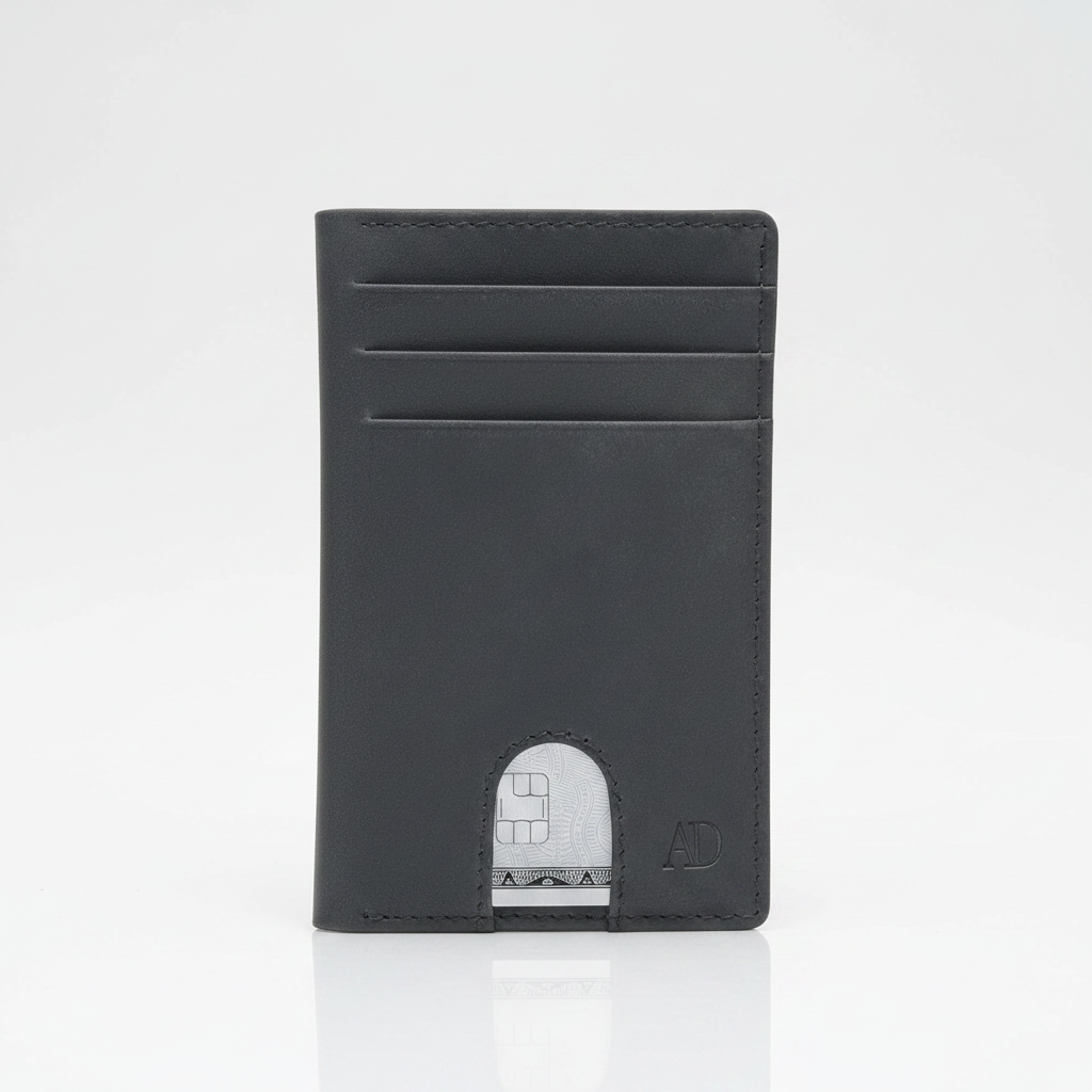 A minimalist black leather card holder wallet with multiple card slots and a silver metallic card partially visible through the cutout at the bottom, set against a clean white background.