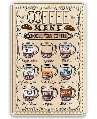 A rectangular vintage-style coffee menu sign with illustrated coffee cups and labels, reading 'COFFEE MENU' and 'CHOOSE YOUR COFFEE,' shown on a plain white background.