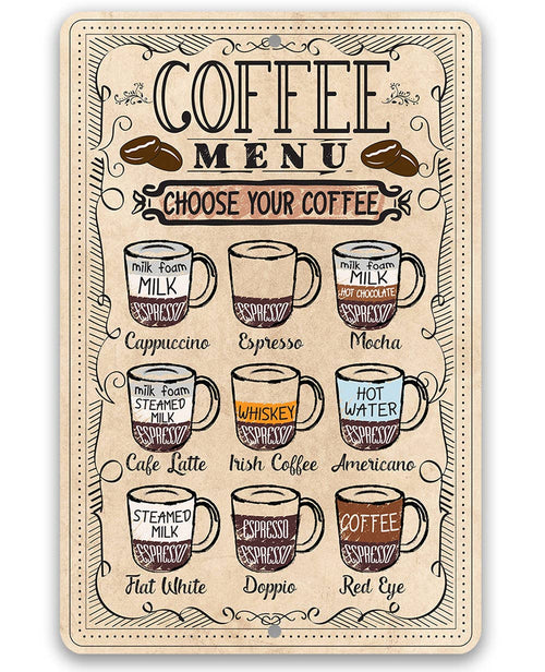 A rectangular vintage-style coffee menu sign with illustrated coffee cups and labels, reading 'COFFEE MENU' and 'CHOOSE YOUR COFFEE,' shown on a plain white background.