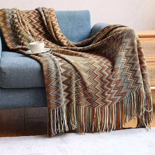 Zigzag Soft Boho Throw Blanket with Tassels