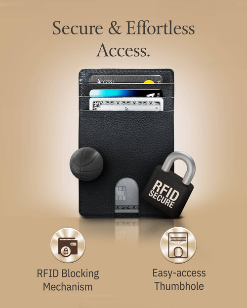 Black wallet with cards and lock icon on a beige background, emphasizing RFID blocking and easy access features.