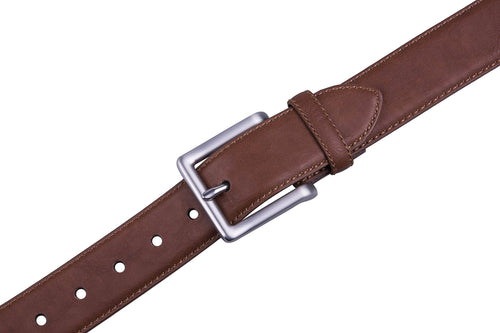 Brown leather belt with a silver buckle on a white background
