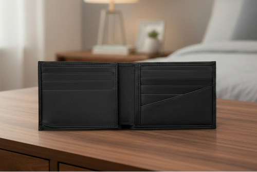 Black leather wallet on a wooden nightstand in a bedroom setting.