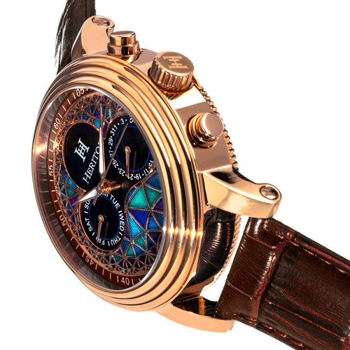 Luxury watch with gold case and brown leather strap on a white background