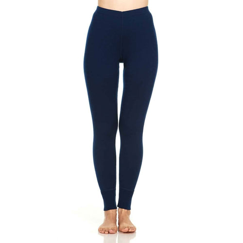 A person wearing dark navy blue full-length leggings, shown from the waist down against a plain white background.