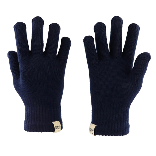 Pair of navy blue gloves on a white background