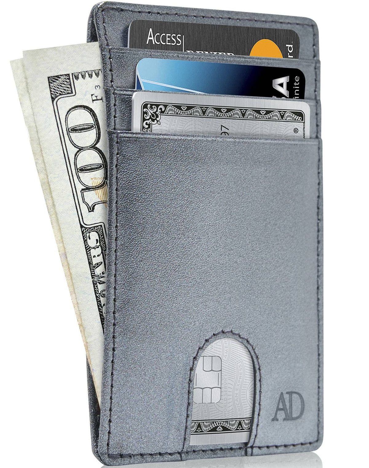 Gray wallet with money and cards on a white background