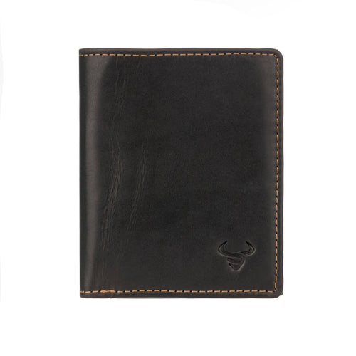 Black leather wallet with stitching detail on a white background