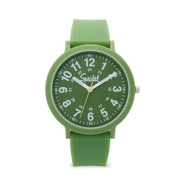 Green watch with a white face on a white background