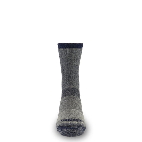 A single crew-length athletic sock shown from the sole view on a white background. The sock features a heathered gray and navy blue knit pattern with solid navy trim at the cuff, heel, and toe.