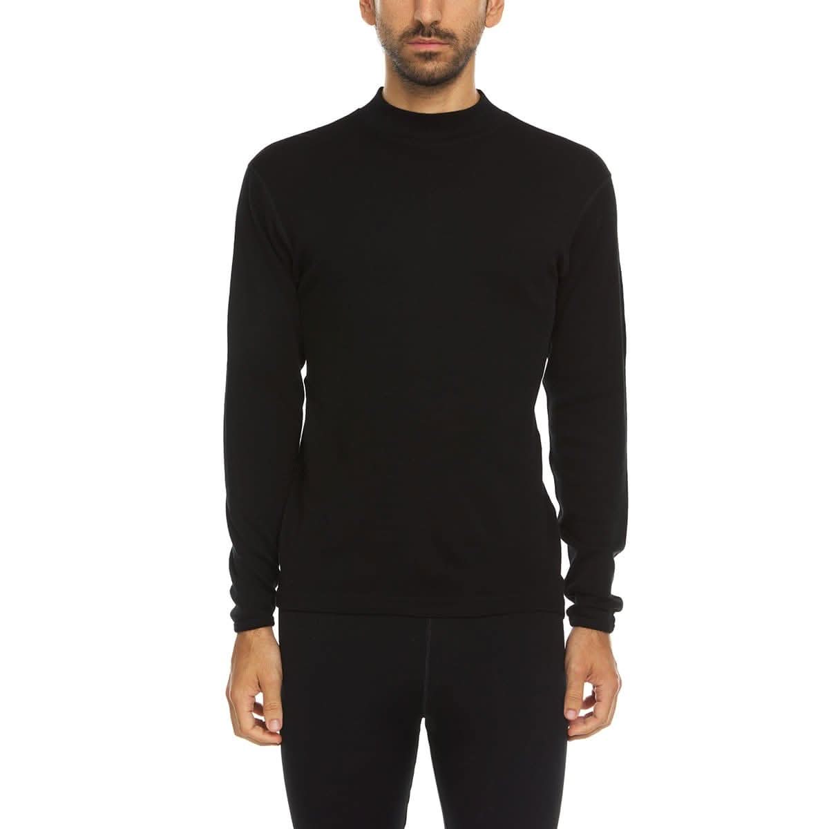 Person wearing a black long-sleeve shirt on a white background
