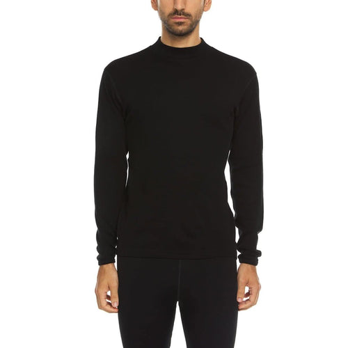 Person wearing a black long-sleeve shirt on a white background