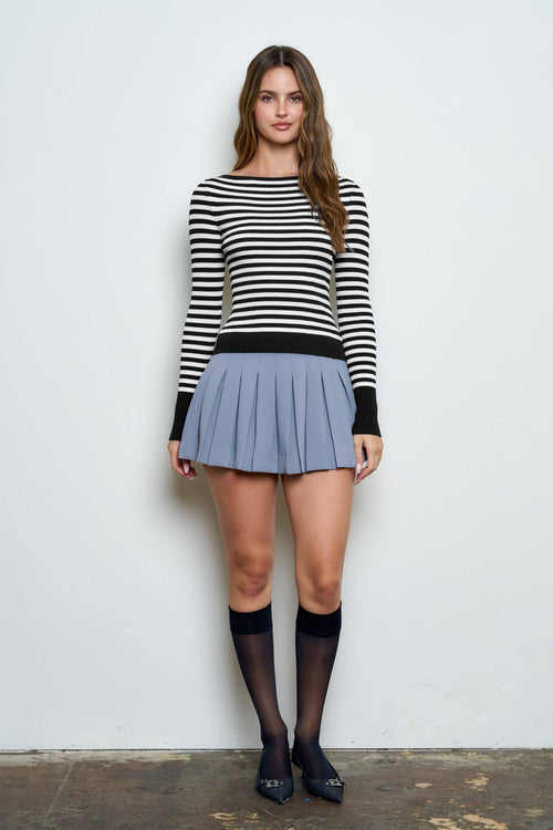 BOAT NECK STRIPE RIBBED LONG SLEEVE SWEATER TOP
