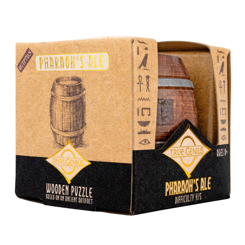 Box of 'Pharaoh's Ale' wooden puzzle with illustrations and text on a white background