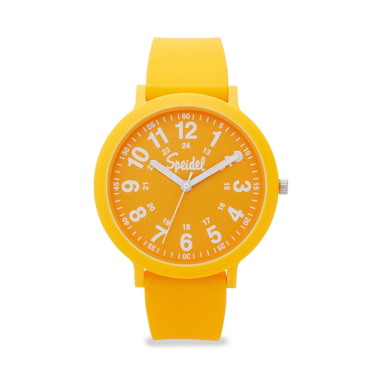 Yellow watch with a white face on a white background