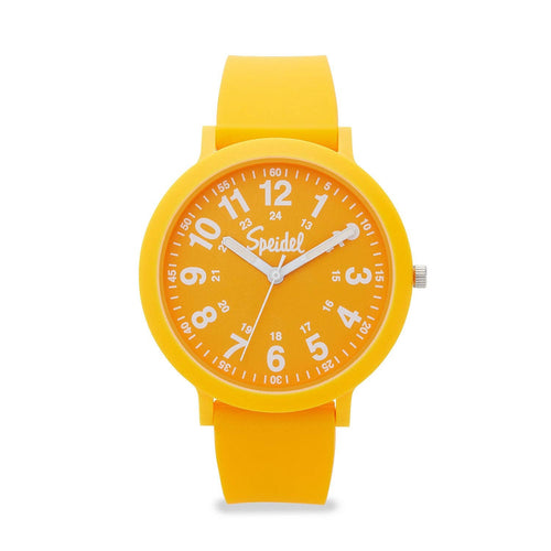 Yellow watch with a white face on a white background