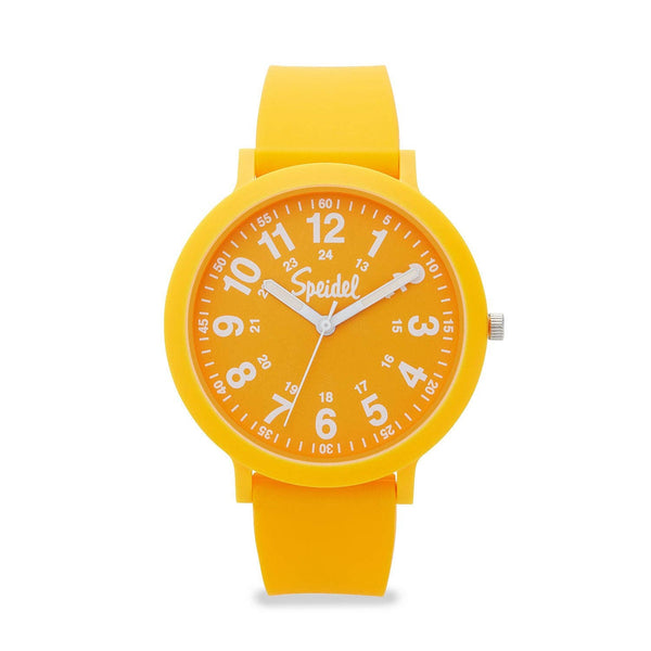 Yellow watch with a white face on a white background