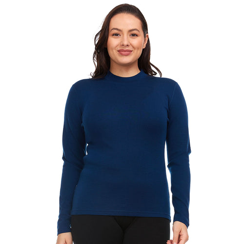 A woman modeling a dark navy blue long-sleeve mock neck shirt against a solid white background.