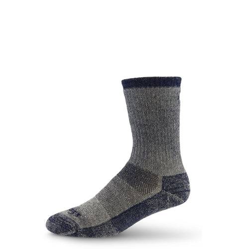 A single mid-calf hiking sock in a heathered gray and navy blue colorway, shown from a three-quarters angle on a white background.