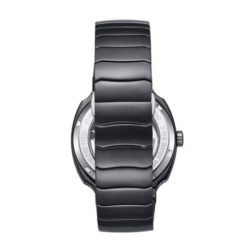 Black watch with a textured strap on a white background