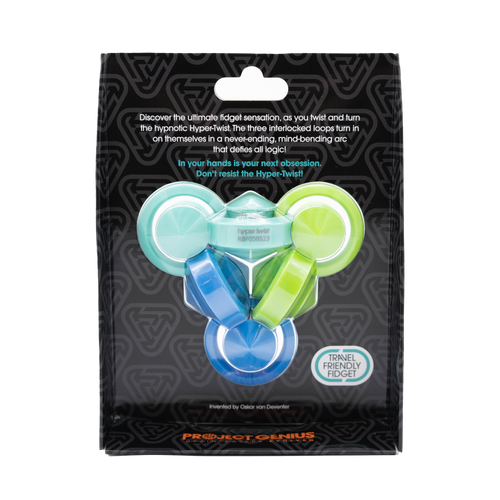 Fidget spinner in packaging with text on a white background
