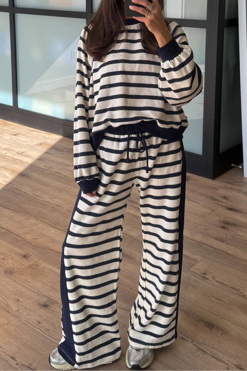 Beige Stripe Relaxed Long Sleeve Top Color Block Detail Drawstring Pants Set