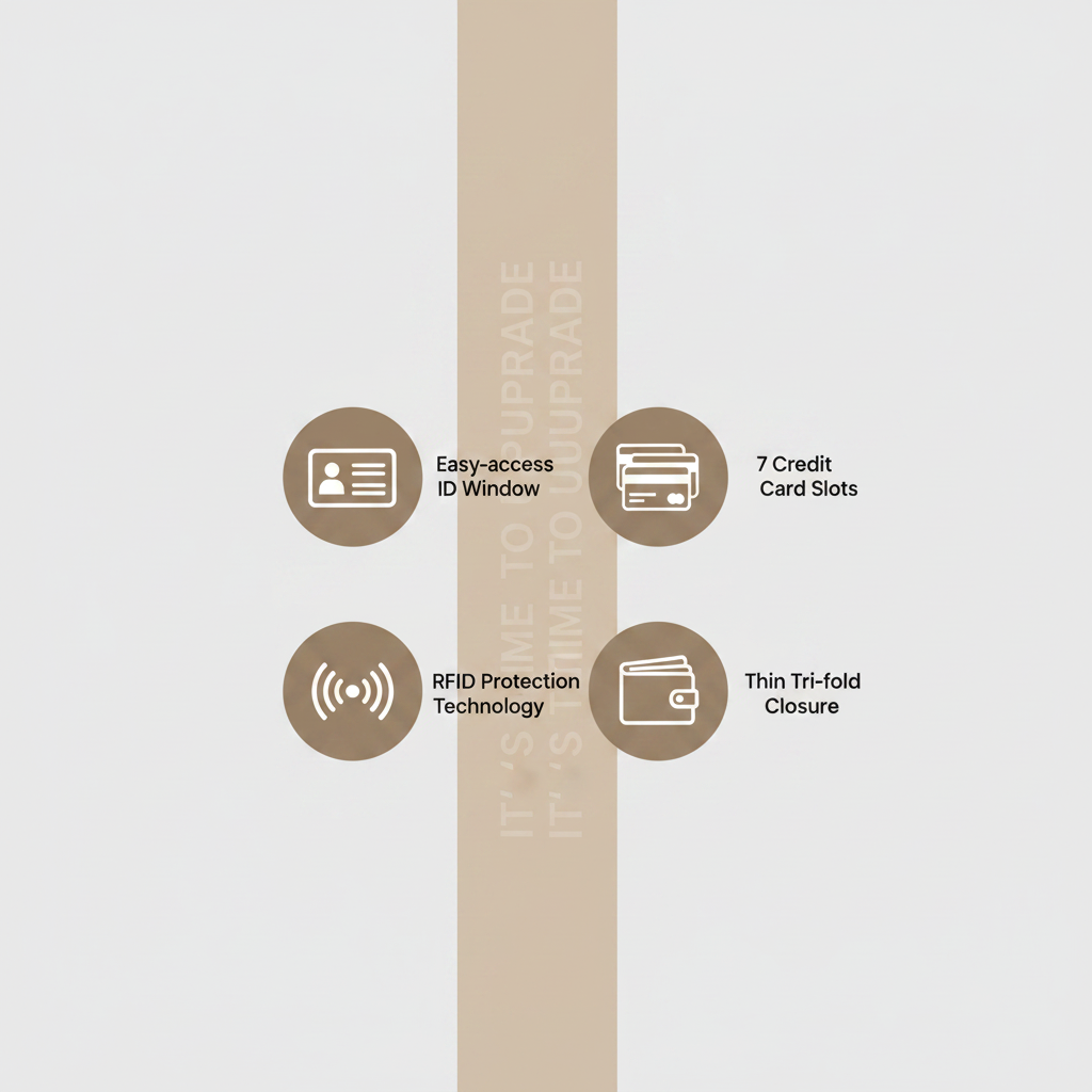 A feature infographic for a credit card holder, showing four brown circular icons with white line drawings and text: 'Easy-access ID Window,' '7 Credit Card Slots,' 'RFID Protection Technology,' and 'Thin Tri-fold Closure.' A vertical tan banner in the center reads 'IT'S TIME TO UPGRADE.