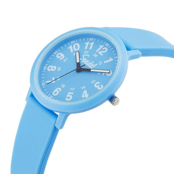 Blue watch with a white dial on a white background